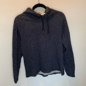 Blue and white knit sweater with hood